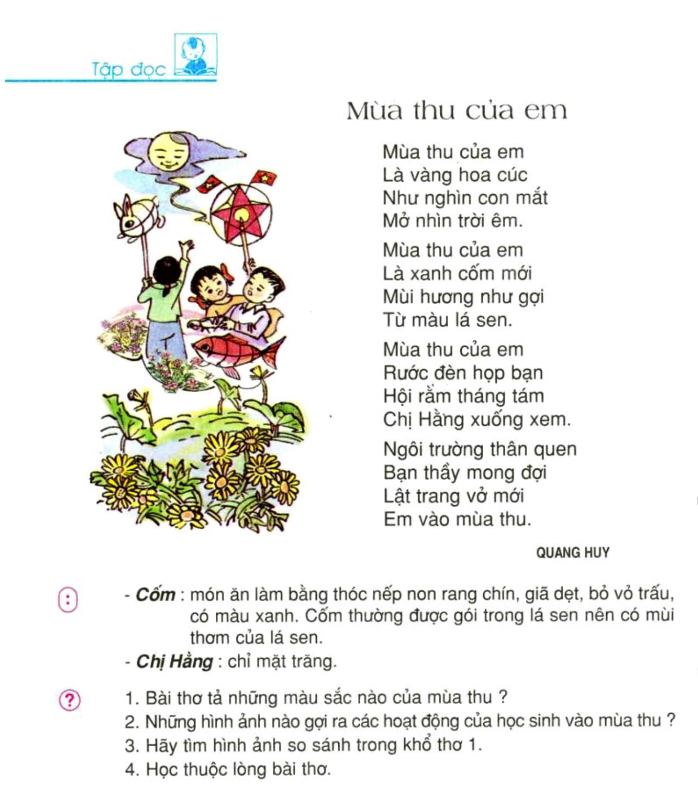 Bài thơ Mùa thu của em: Mùa thu của em, Là vàng hoa cúc